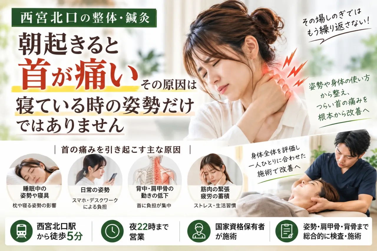 【西宮北口】朝起きると首が痛い原因とは？姿勢との関係や改善方法を解説